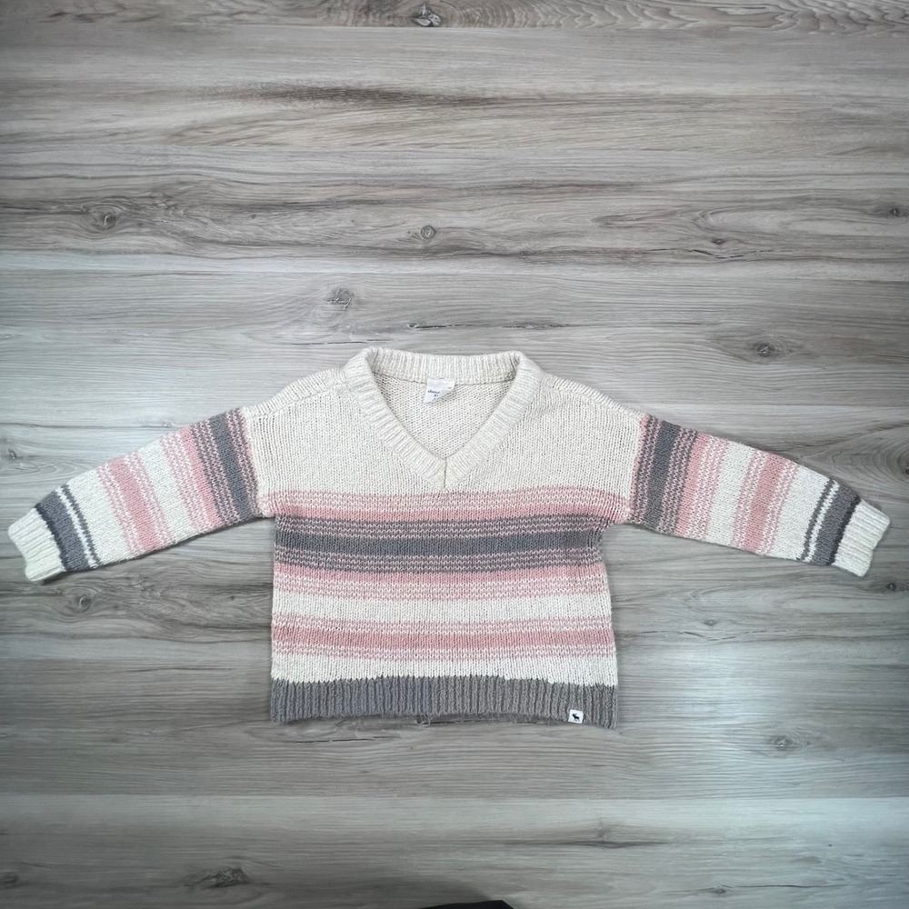Abercrombie Kids Girls V-Neck Striped Knit Sweater Size 5/6 Pink Gray Cream